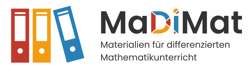 Logo mit drei stilisierten, farbigen Ordnern links. Rechts der Schriftzug „MaDiMat“ in teils farbigen Buchstaben und darunter der Projekttitel „Materialien für differenzierten Mathematikunterricht“.